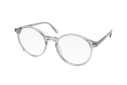 Clear grey blue light blocking glasses with round lenses made from acetate.