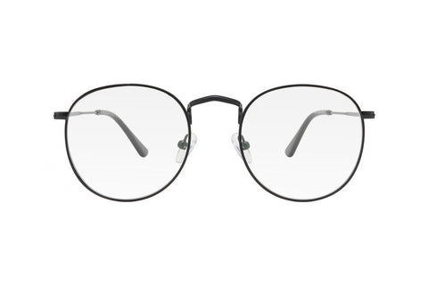 Black metal frame blue light blocking glasses with round lenses.