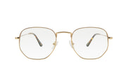 Gold metal frame blue light blocking glasses with soft hexagonal shaped lenses.