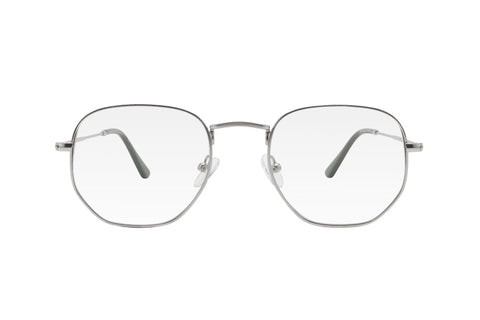 Silver metal frame blue light blocking glasses with soft hexagonal shaped lenses.