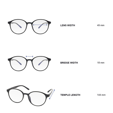 Dimensions of blue light blocking glasses. Lens width 49 mm, bridge width 18 mm, temple length 144 mm.