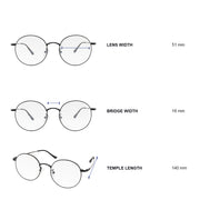 Dimensions of blue light blocking glasses. Lens width 51 mm, bridge width 18 mm, temple width 140 mm.